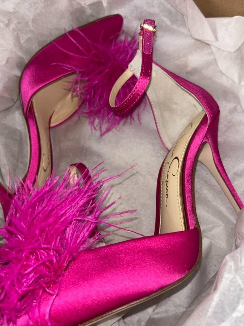New Jessica Simpson Hot Pink Feather Pointed Toe Ankle Strap heel - Picture 7 of 7